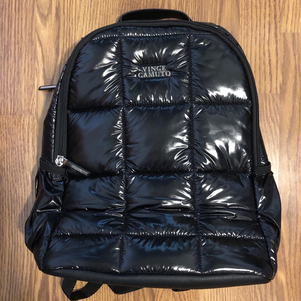 Vince Camuto Black Quilted Puffer Backpack Shiny Glossy High Shine Nylon Bag EUC